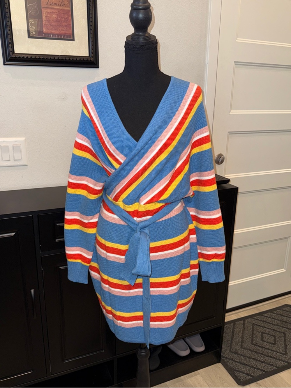 Blue Multi-Stripe Wrap Sweater Dress with Tie Belt XL